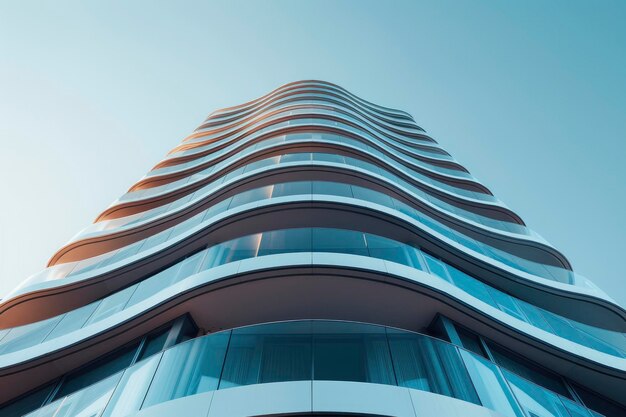 曲がりくねったバルコニーを持つ高層住宅が澄んだ青い空の背景にユニークなデザインとガラスの正面を地面から捉えています