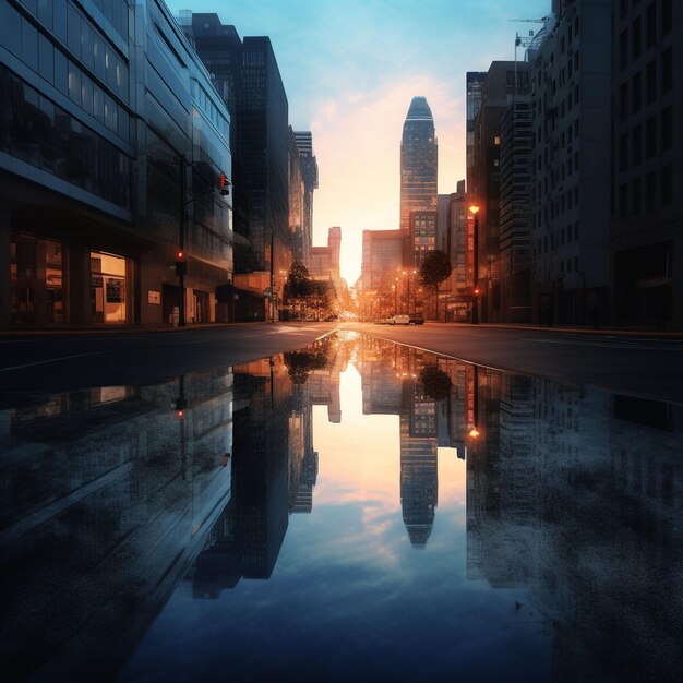 Photo tall skyscrapers illuminate city skyline at dusk generated by ai