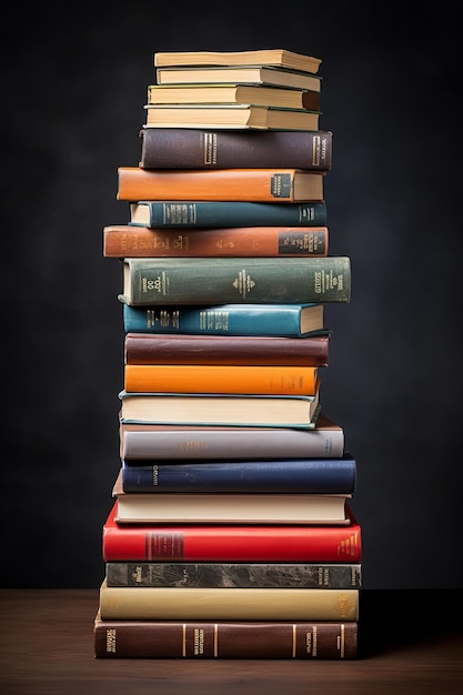 A tall stack of old books on a wooden table with a dark background