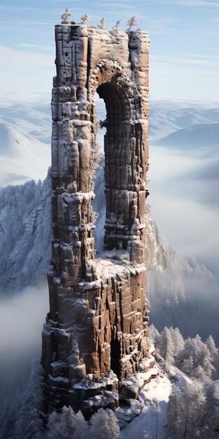 a tall stone castle with snow on the top of it