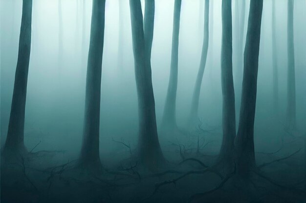 Tall trees in the forest covered with the fog