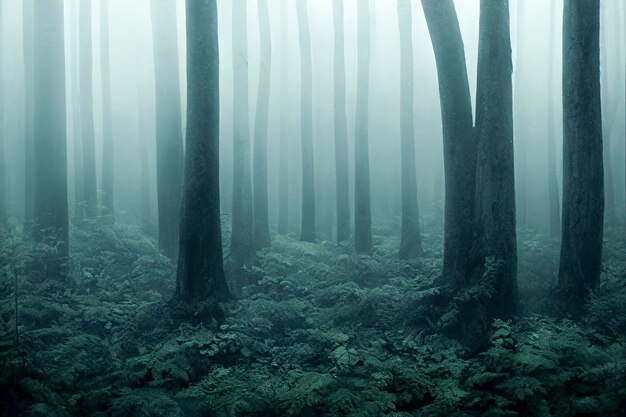 Photo tall trees in the forest covered with the fog