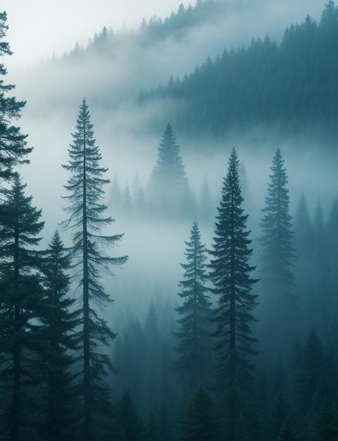 Tall trees in the forest in the mountains covered with the fog wallpaper