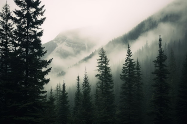 霧で覆われた山の森の高い木