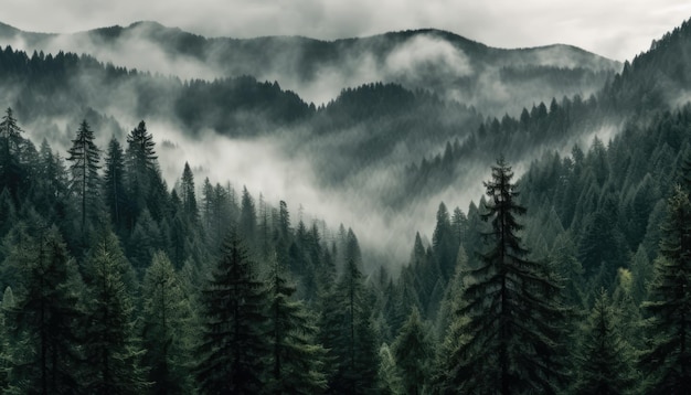 Photo tall trees in the forest in the mountains covered with the fog