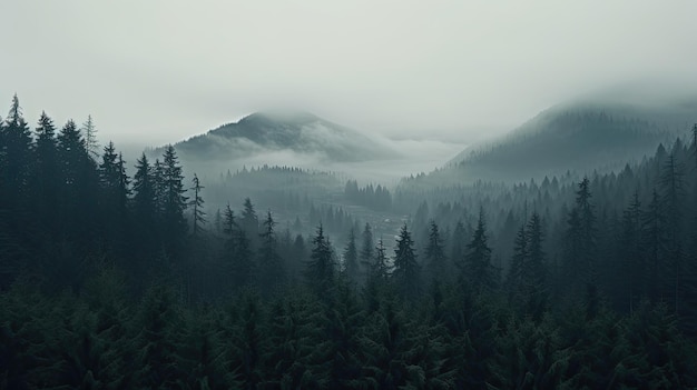 Tall trees in the forest in the mountains covered with the fog