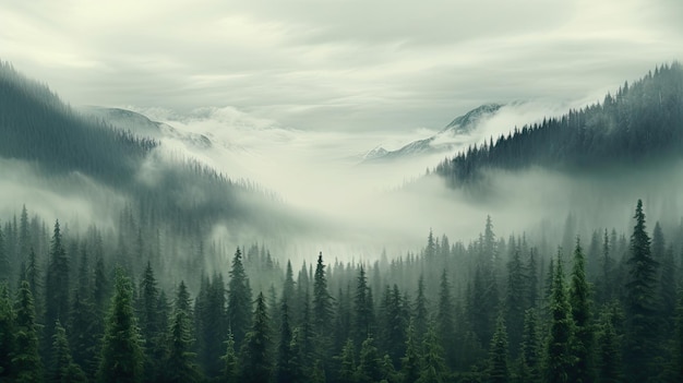 Tall trees in the forest in the mountains covered with the fog