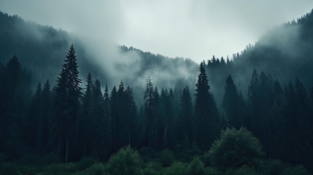 霧に覆われた山の森の背の高い木