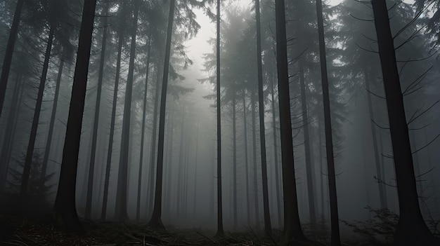 Высокие деревья в лесу в горах, покрытые туманом