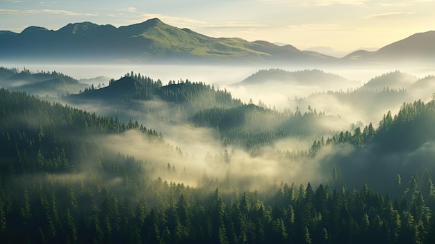 Tall trees in the forest in the mountains covered with the fog