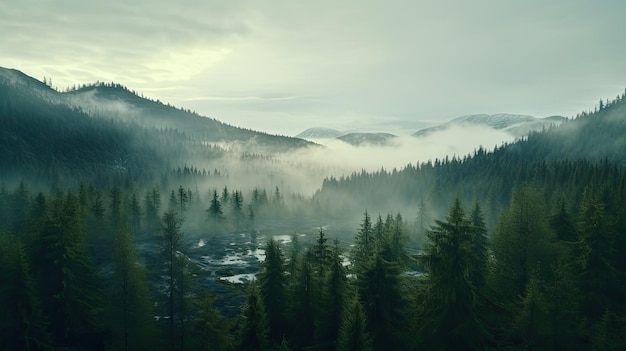 Tall trees in the forest in the mountains covered with the fog