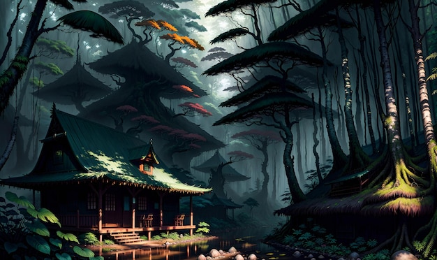 ジャングルの森の高い木々のファンタジー ゲーム AI 生成の風景