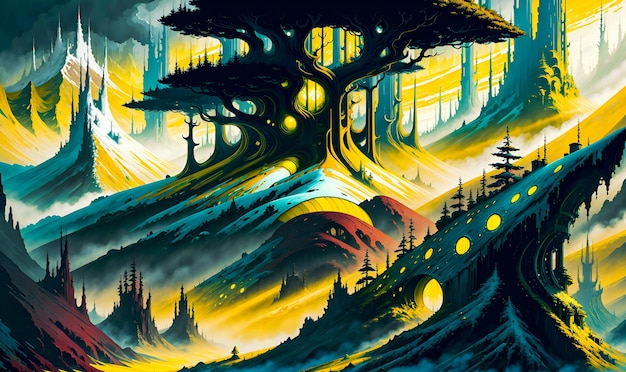 Tall trees in the woods magical landscape illustration Generative AI landscape post processed