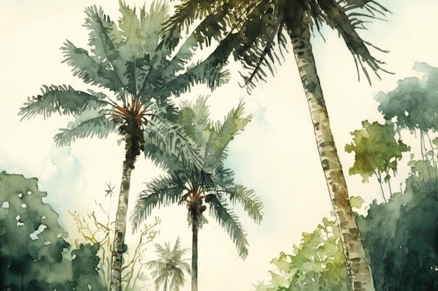 Tall tropical trees watercolor painting