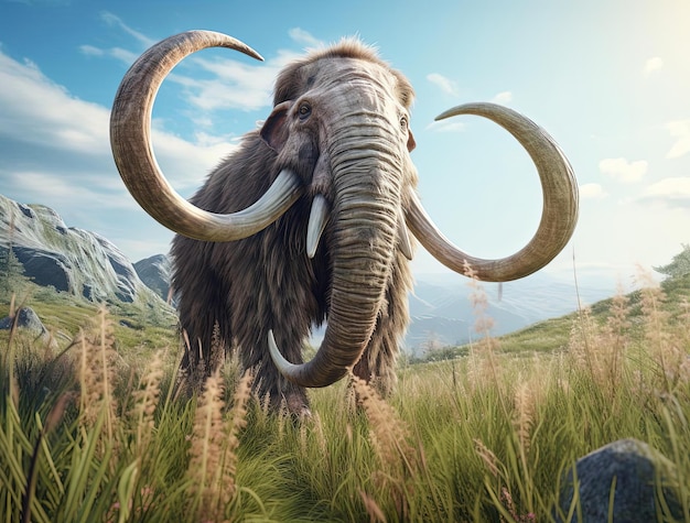 a tall tusk standing on a grassy hillside in the style of unreal engine