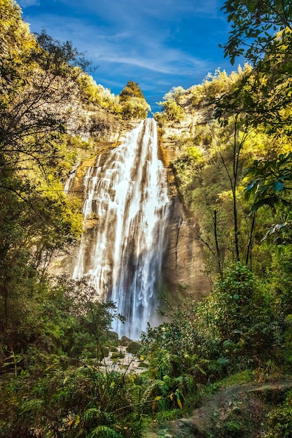 Tall waterfall cascading over the edge of the cliff in the forest