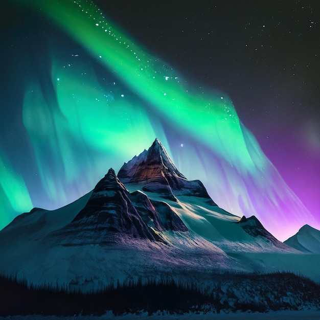 tallest mountain in the world at night with the northern lights