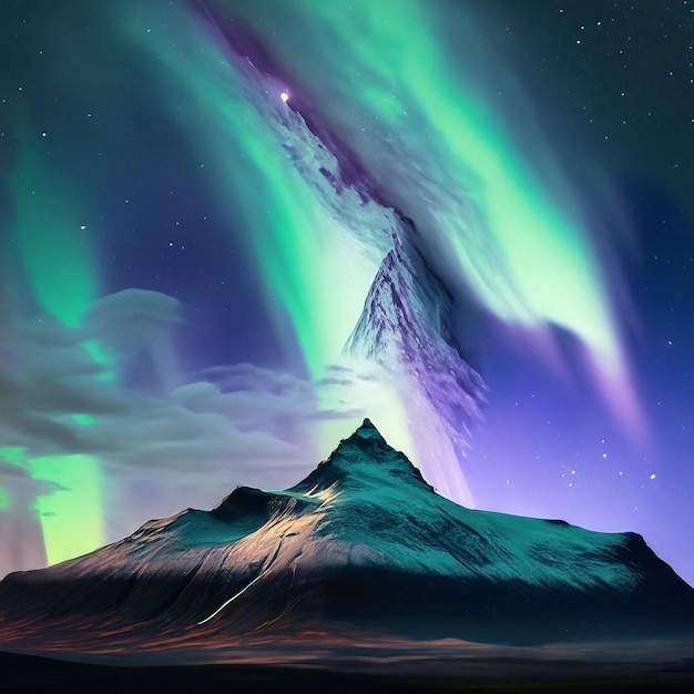 tallest mountain in the world at night with the northern lights