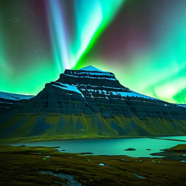 tallest mountain in the world at night with the northern lights