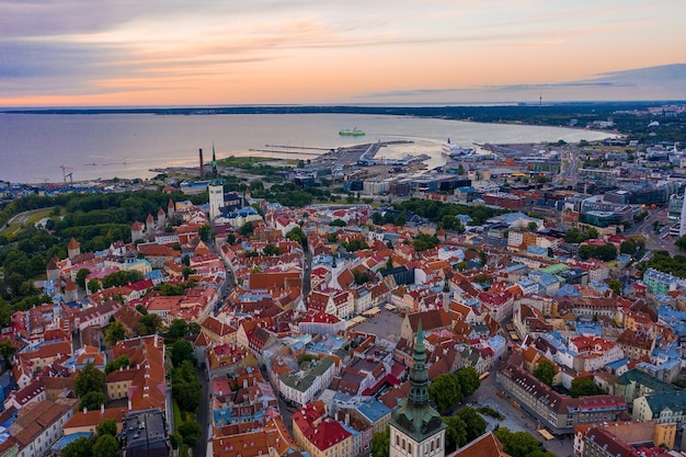 Tallinn is a medieval city in Estonia in the Baltics. Aerial view of the old town of Tallinn