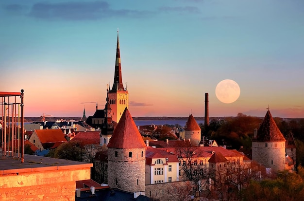 エストニアへの日没旅行でタリン旧市街のパノラマ