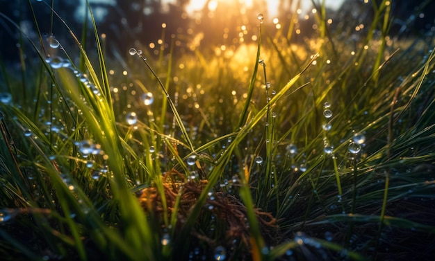 Talrijke dauwdruppels in het gras Druppels water schijnen bij ondergaande zon Close-up Generatieve AI