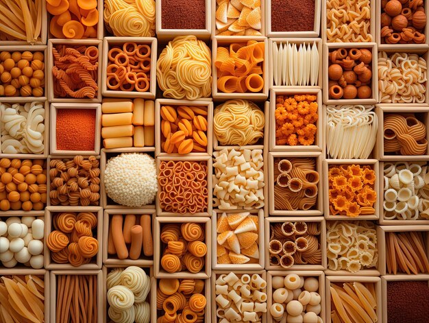 talrijke dozen pasta met andere voedingsmiddelen in de stijl van wit en oranje