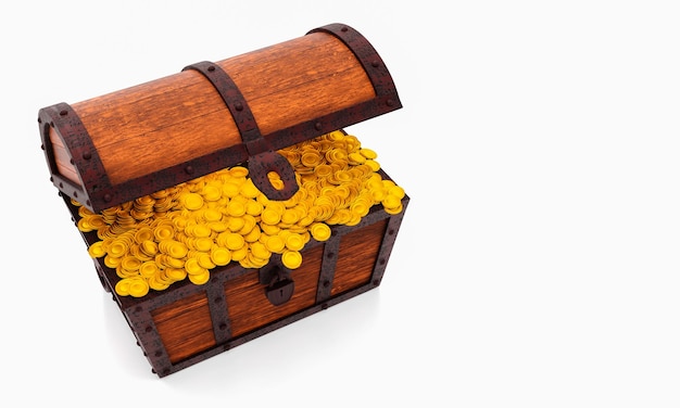 Talrijke gouden munten uitgestort uit de schatkist Oudstijl houten schatkiste strak samengesteld met roestige metalen strips 3D Rendering