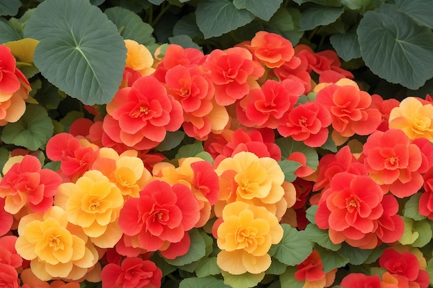 Talrijke heldere bloemen van knolbegonia's begonia tuberhybrida