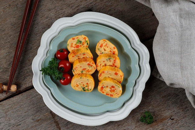 Tamagoyaki Korean Egg Roll with Carrot and Spring Onion Gyeran Mari Top View