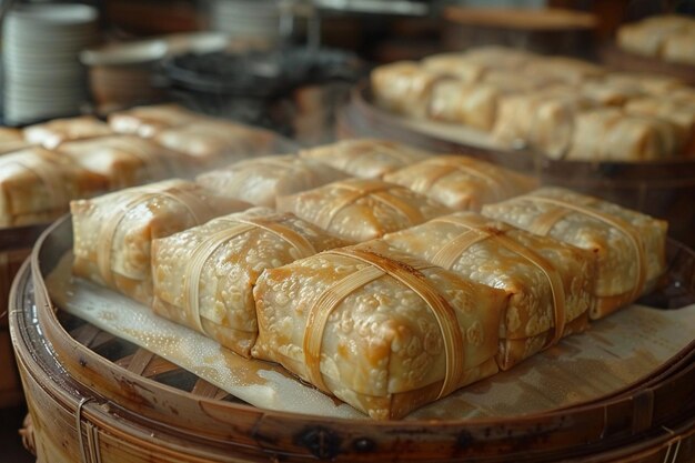 Photo tamales cooking in a steamer with traditional ingredients