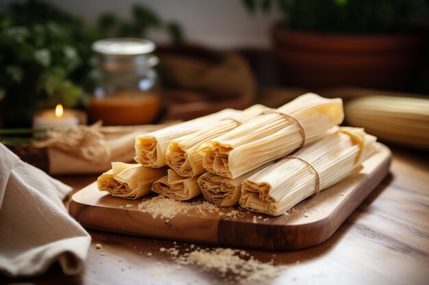 Tamales de elote and atole on a wooden table typical mexican food