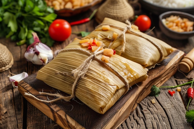 Tamales piatto preispanico tipico del messico e di alcuni paesi dell'america latina in pasta di mais avvolta