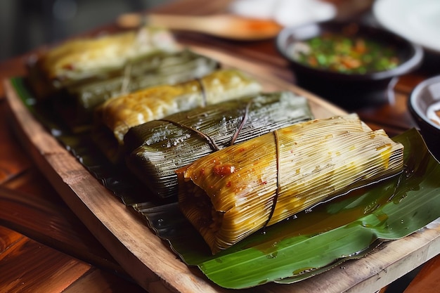 Foto tamales piatto preispanico tipico del messico e di alcuni paesi dell'america latina in pasta di mais avvolta