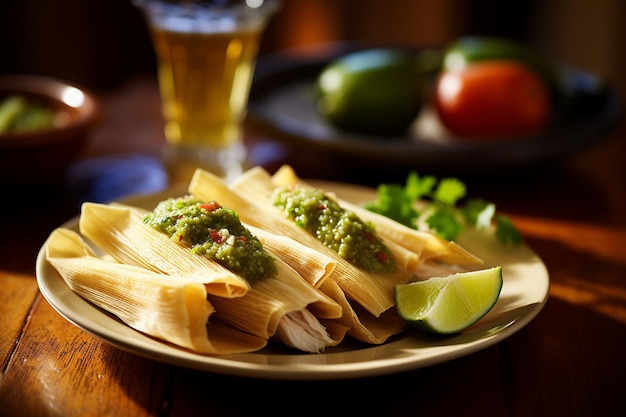 Foto tamales serviti con un accanto di condimento piccante di avocado-lime