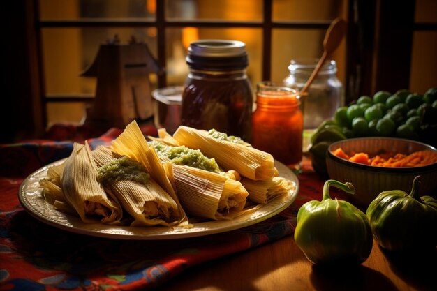 Foto tamales serviti con un accanto di condimento piccante di avocado-lime