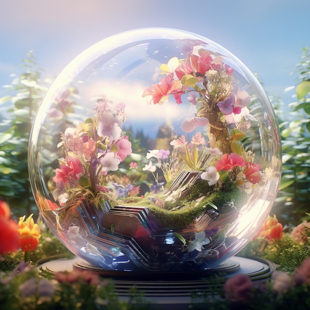 Photo taman dengan bunga berwarnawarni dan tanaman yang tumbuh di dalam apel yang terbuat dari kristal