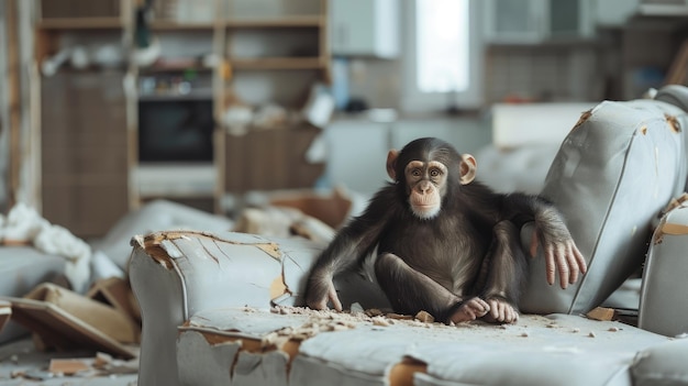 Foto la scimmia addomesticata ha rovinato il divano dell'appartamento