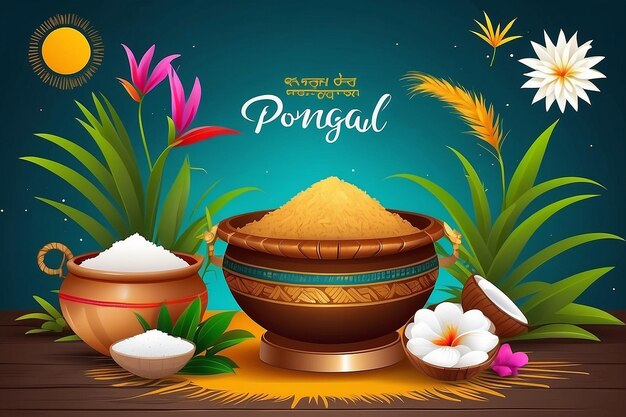 Foto tamil nadu festival gelukkige pongal met pongal rekwisieten vakantie achtergrond