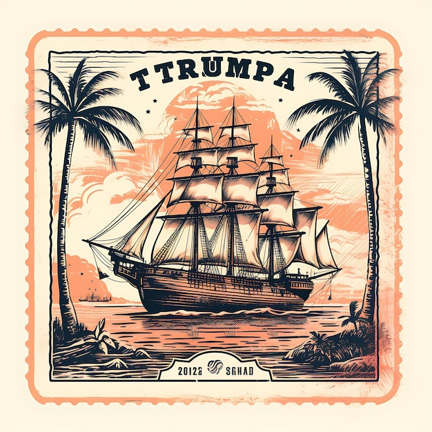 Тампа с монохромным пиратским кораблем кораллового цвета и пальмой. Креативная уникальная марка красивых городов