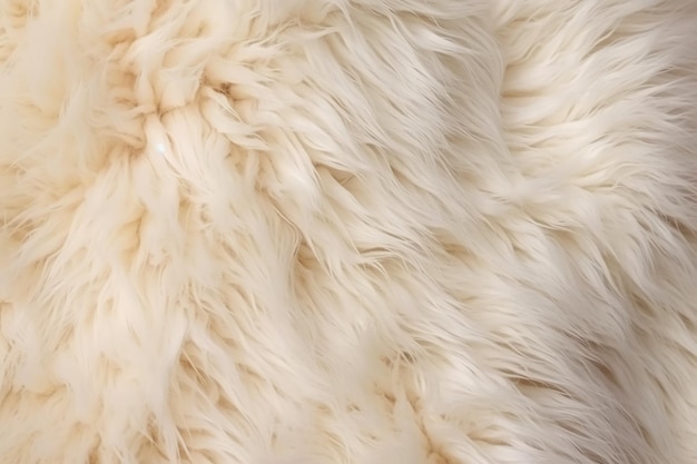 A tan colored shaggy rug with a thick texture of white wool.