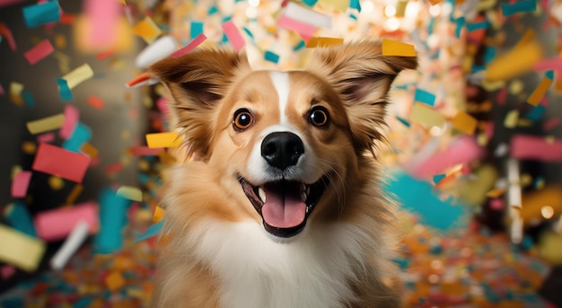 Foto un cane abbronzato con un cappello da festa di fronte ai confetti