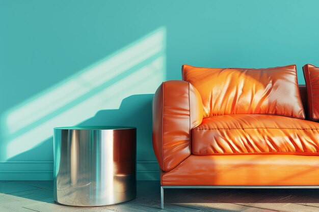 A tan leather couch sits in front of a blue wall