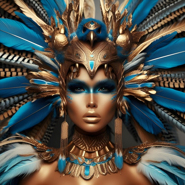 A tan skin female all blue and gold elaborate outfit with huge headpiece