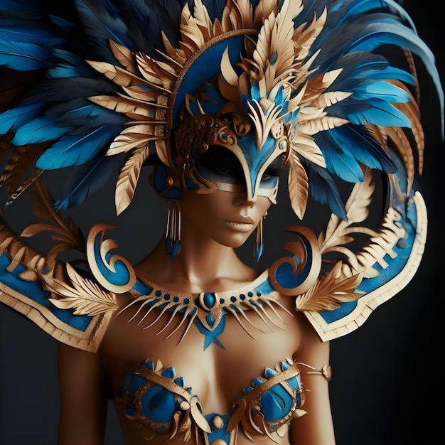 A tan skin female all blue and gold elaborate outfit with huge headpiece