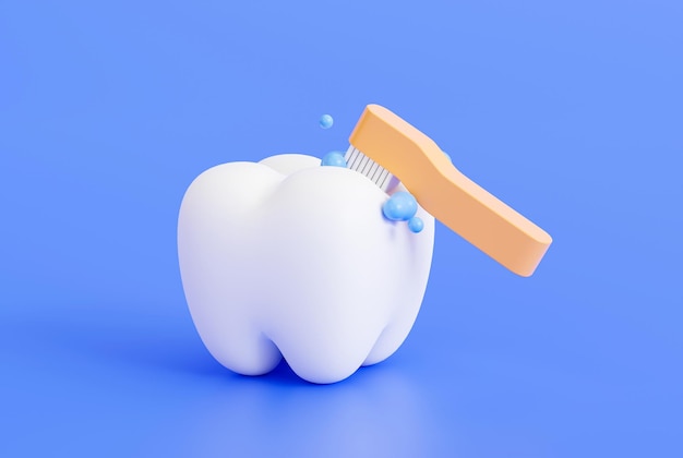 Tand met tandenborstel tanden poetsen pictogram cartoon tandarts gezondheid en medische 3d illustratie