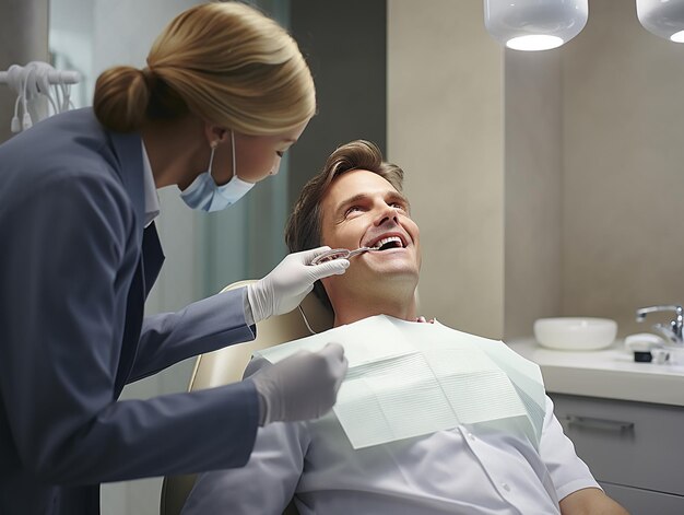 Tandarts die patiënt raadpleegt in een moderne tandheelkundige kliniek