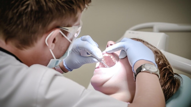 Tandarts onderzoekt de tanden van een man voor een tandheelkundige controle