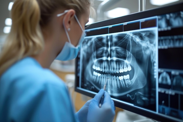 Tandarts onderzoekt röntgenfoto's met moderne apparatuur in een goed verlichte tandheelkundige kliniek