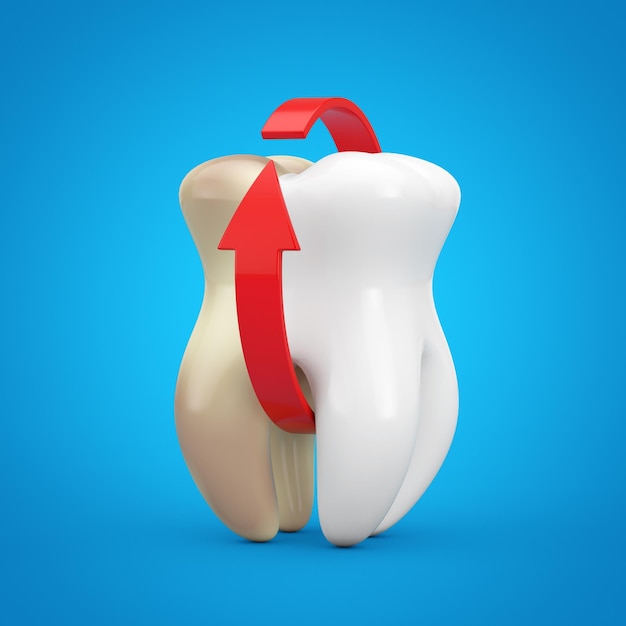 Tanden bleken Concept Witte tand met rode pijl 3D-rendering